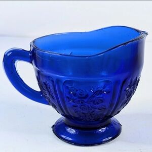 Cobalt Blue Glass Creamer Pitcher with Floral Paneling